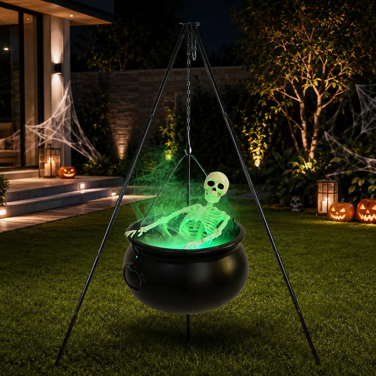 Halloween Decorations outside - Large Witches Cauldron on Tripod with Skeleton & Fog Maker - Skeleton Halloween Party Decor for Outdoor Yard Home Porch