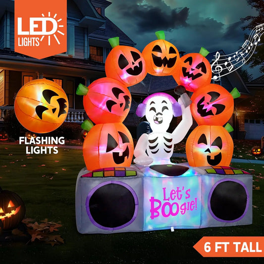 6 FT Halloween Inflatable Outdoor Decoration, Inflatable Halloween Decor Outdoor Inflatable Pumpkin, Inflatable Skeleton with Colorful Leds and Music, Blow up Halloween Party Decoration