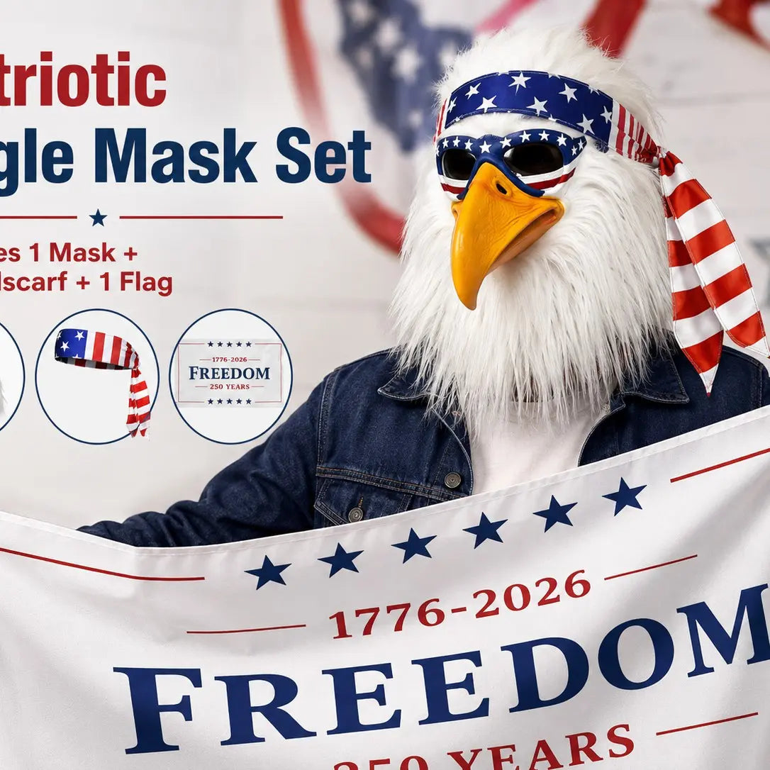 USA Patriotic Bald Eagle Latex Head Mask with Flag Bandana & Fluffy Hair, Adult Cosplay Costume Mask for Patriotic Occasions Halloween Carnival Masquerade Animal Mask