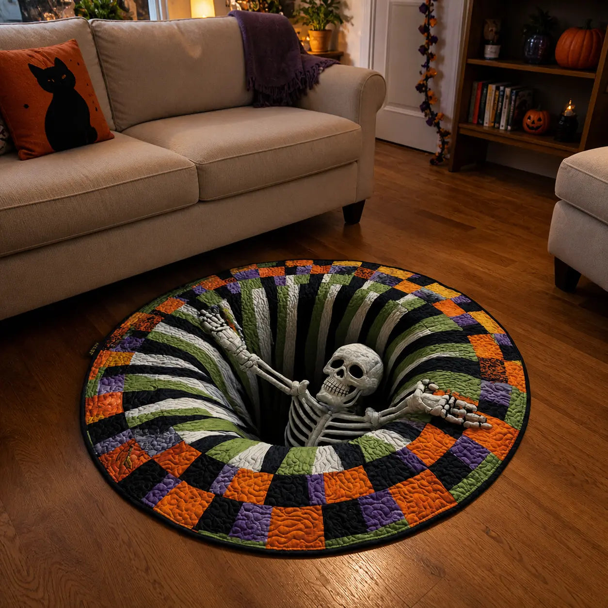 3D Halloween Crystal Velvet round Area Rug, Multiple Spooky Designs, Optical Illusion Rug for Living Room, Haunted House and Halloween Party Decor