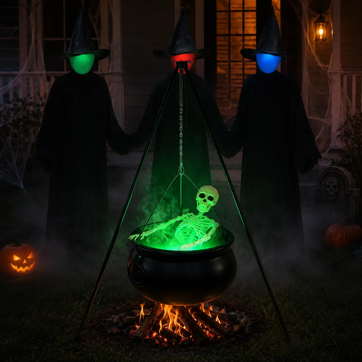 Halloween Decorations outside - Large Witches Cauldron on Tripod with Skeleton & Fog Maker - Skeleton Halloween Party Decor for Outdoor Yard Home Porch