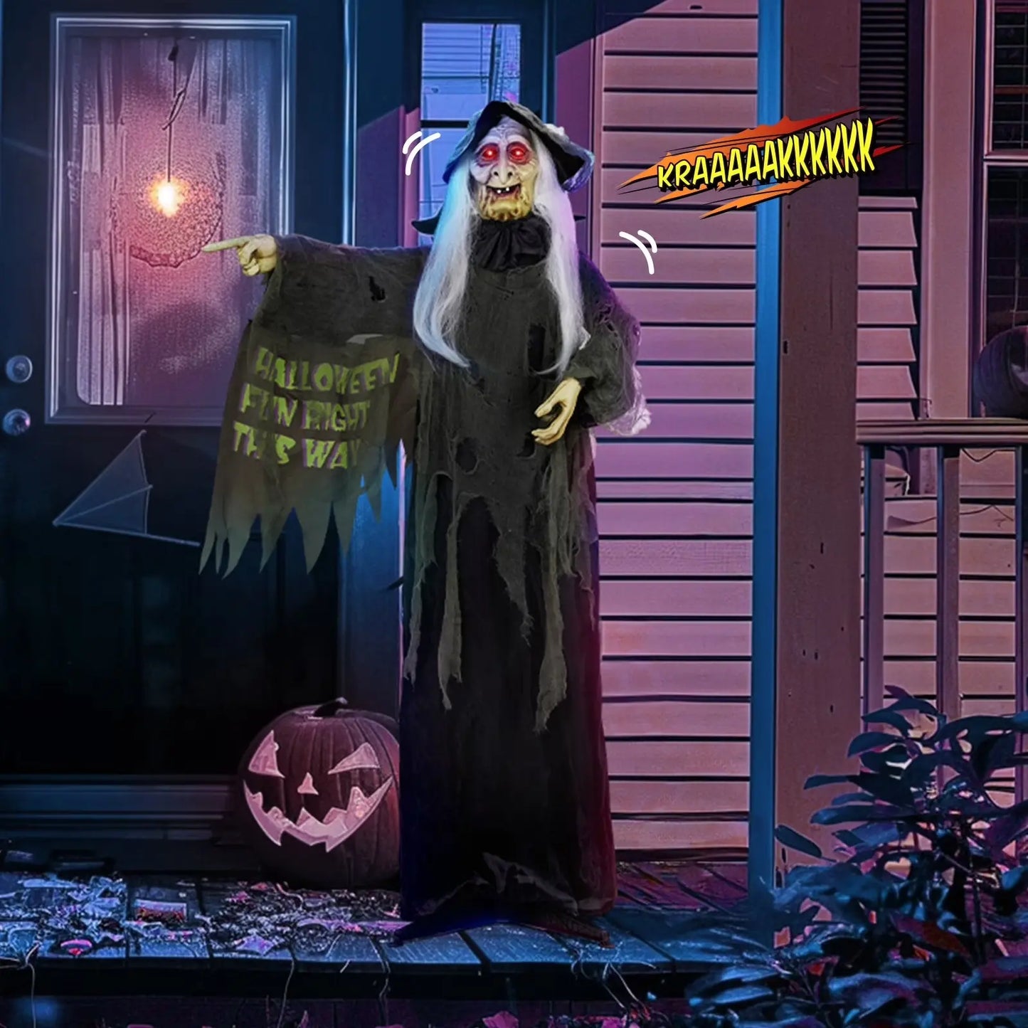 Ubesgoo 5.3FT-7FT Halloween Inflatable Scary Crone Witch Prop, Plastic Lightweight Animatronic Yard Decor with Red Glowing Eyes, Battery-Powered Effects for Garden Lawn Outdoor Festive Decorations