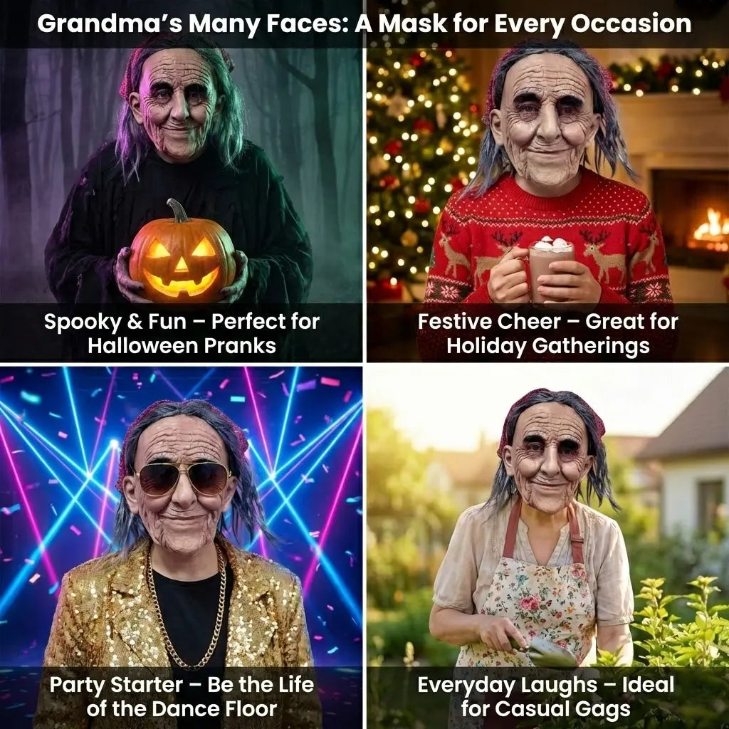 PATYGR Halloween Granny Costume Mask - Funny Old Lady Latex Mask with Floral Bandana, Realistic Elderly Female Face Mask for Masquerade Carnival Dress up Party Helmet Props