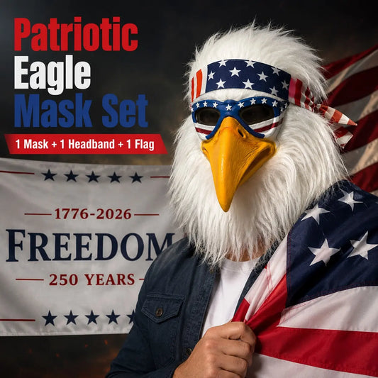USA Patriotic Bald Eagle Latex Head Mask with Flag Bandana & Fluffy Hair, Adult Cosplay Costume Mask for Patriotic Occasions Halloween Carnival Masquerade Animal Mask