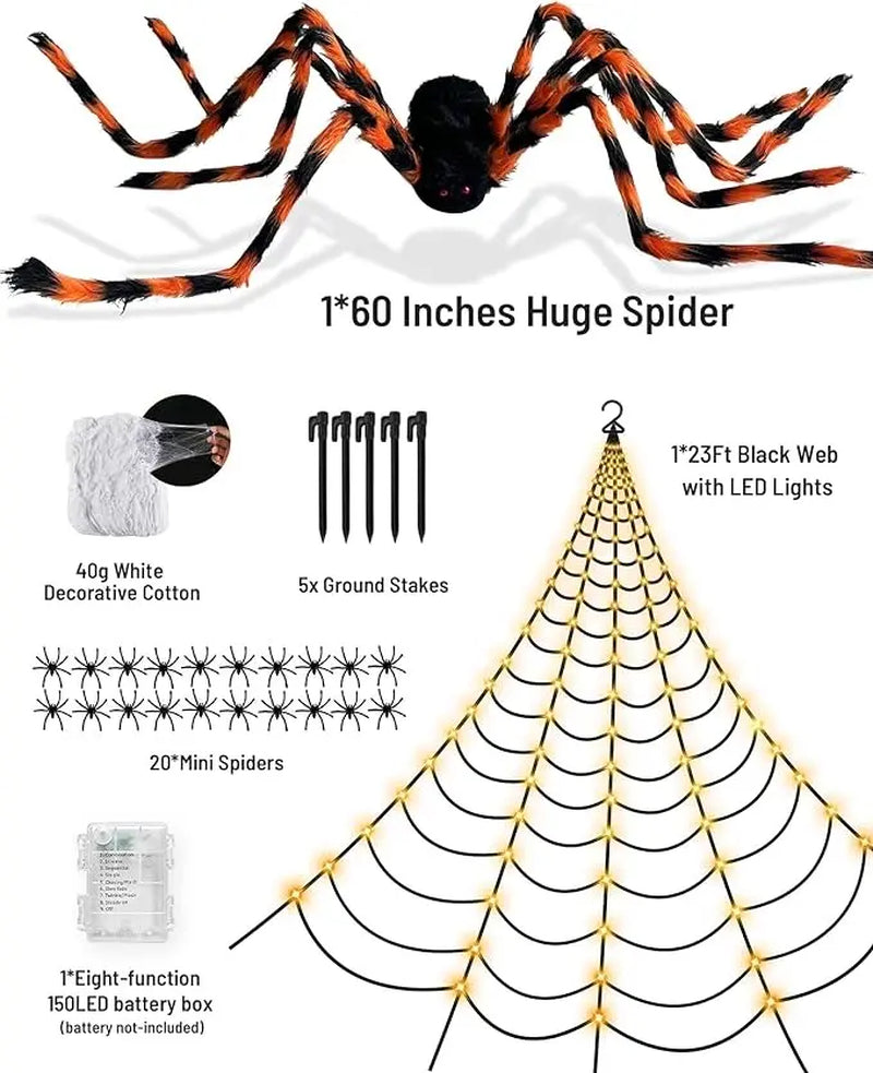 Halloween Decorations 150LED 23Ft Triangular Spider Web with 60'' Black Orange Giant Spider for Outdoor Home Yard Balcony