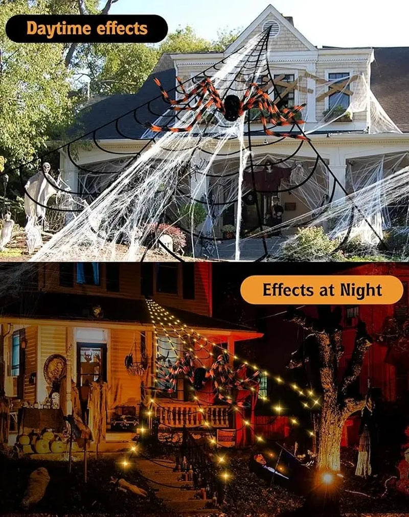 Halloween Decorations 150LED 23Ft Triangular Spider Web with 60'' Black Orange Giant Spider for Outdoor Home Yard Balcony