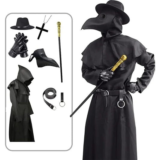AYJKSEVEN Unique Scary Halloween Costume for Men, Plague Doctor Outfit with Bird Beak Mask & Hooded Black Cloak Robe, Mens Special Occasion Clothing (Halloween Costume Ideas), Unique Halloween Costume, Scary Halloween Costume Ideas