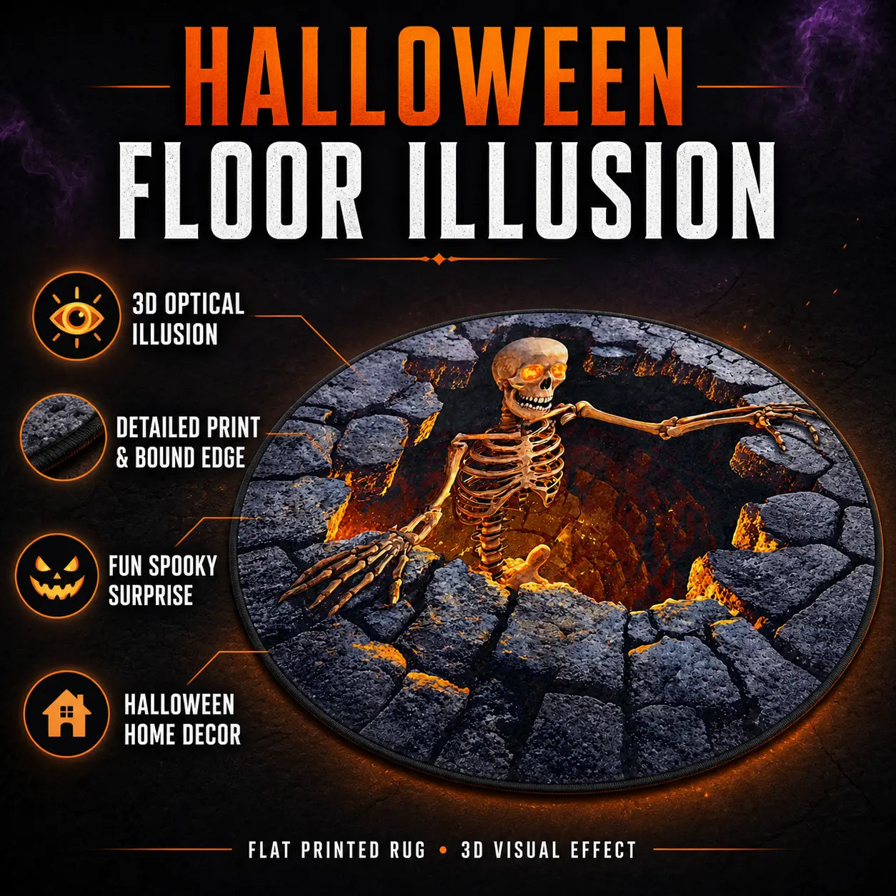 3D Halloween Crystal Velvet round Area Rug, Multiple Spooky Designs, Optical Illusion Rug for Living Room, Haunted House and Halloween Party Decor