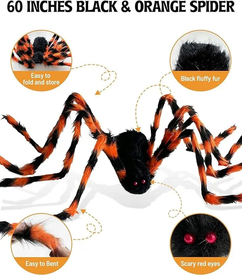 Halloween Decorations 150LED 23Ft Triangular Spider Web with 60'' Black Orange Giant Spider for Outdoor Home Yard Balcony