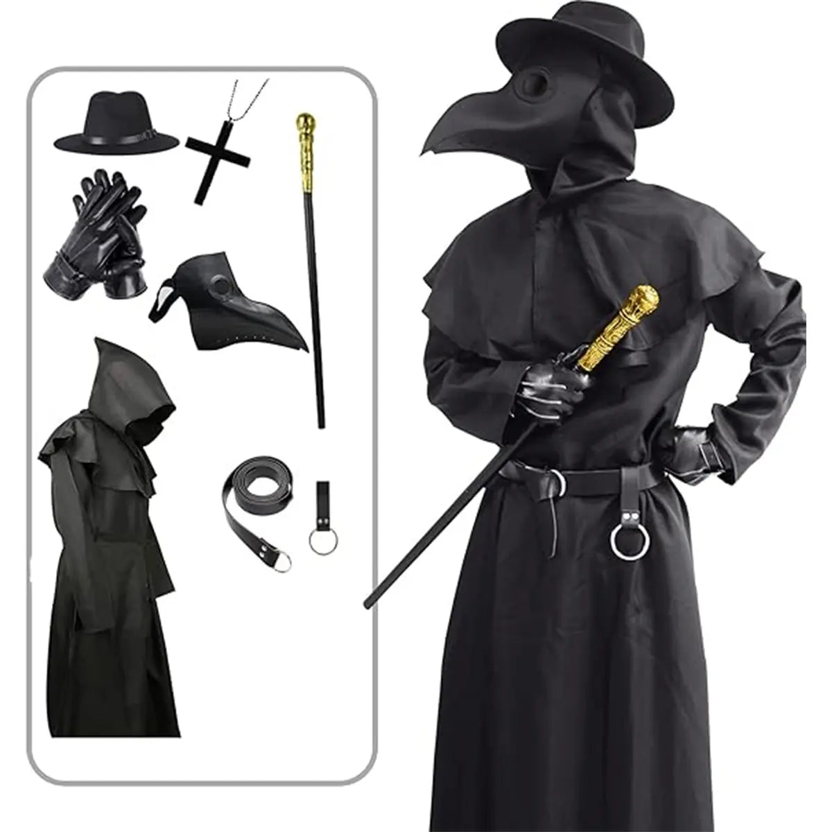 AYJKSEVEN Unique Scary Halloween Costume for Men, Plague Doctor Outfit with Bird Beak Mask & Hooded Black Cloak Robe, Mens Special Occasion Clothing (Halloween Costume Ideas), Unique Halloween Costume, Scary Halloween Costume Ideas