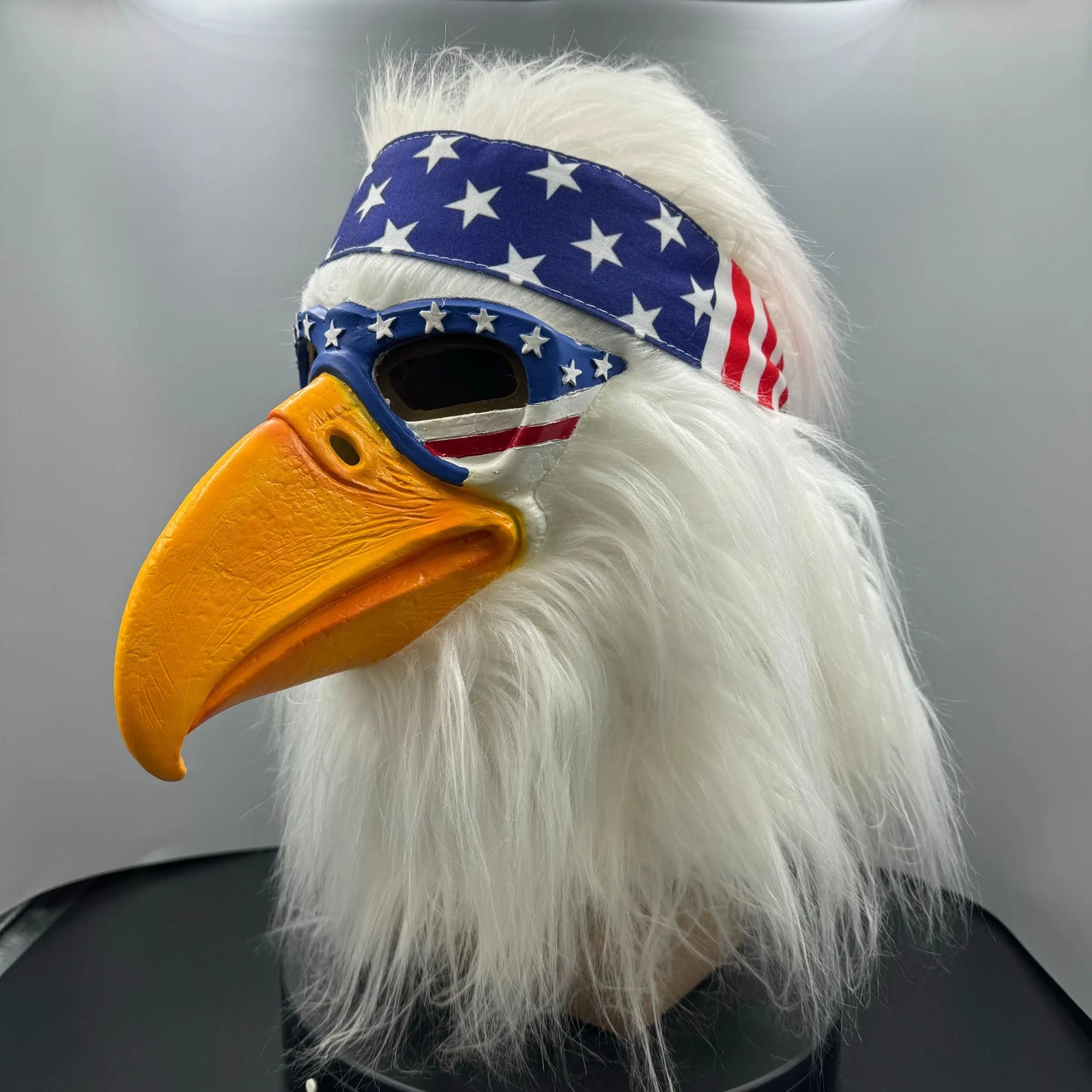 USA Patriotic Bald Eagle Latex Head Mask with Flag Bandana & Fluffy Hair, Adult Cosplay Costume Mask for Patriotic Occasions Halloween Carnival Masquerade Animal Mask