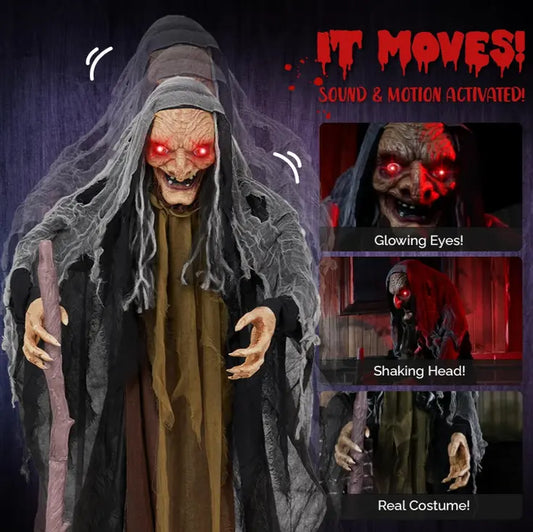 Ubesgoo 5.3FT-7FT Halloween Inflatable Scary Crone Witch Prop, Plastic Lightweight Animatronic Yard Decor with Red Glowing Eyes, Battery-Powered Effects for Garden Lawn Outdoor Festive Decorations