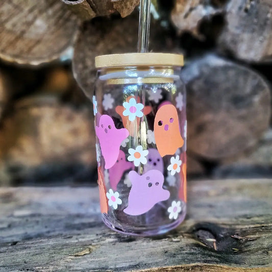 Retro Ghost Glass Tumbler, Halloween Ghost Cup, Retro Floral Ghost, Ghost and Flowers Pastel Cup, Halloween Iced Coffee Cup