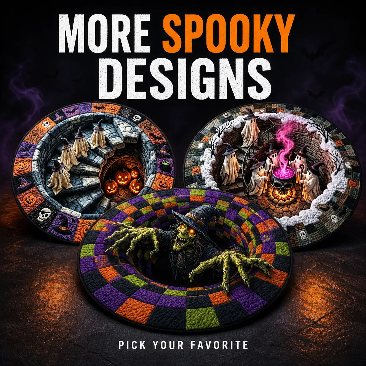 3D Halloween Crystal Velvet round Area Rug, Multiple Spooky Designs, Optical Illusion Rug for Living Room, Haunted House and Halloween Party Decor