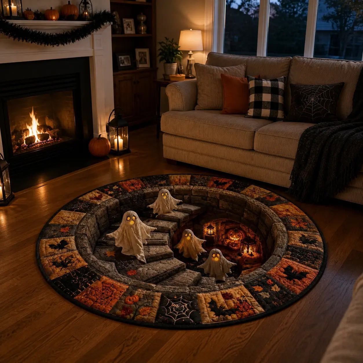 3D Halloween Crystal Velvet round Area Rug, Multiple Spooky Designs, Optical Illusion Rug for Living Room, Haunted House and Halloween Party Decor