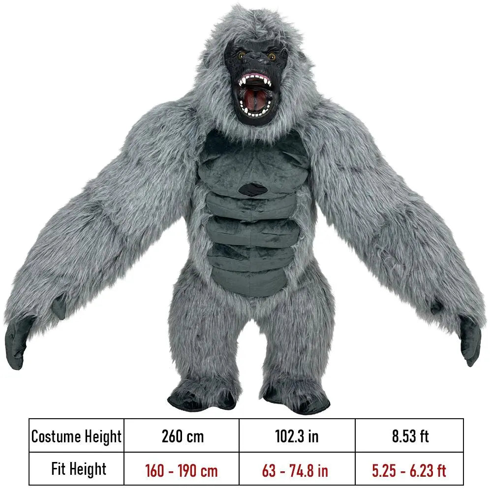Adult Oversized Gray Scary Gorilla Inflatable Costume - Thick, Breathable, Natural King Kong Outfit with Fan, Battery, Zipper, Strap for Halloween Casual Cosplay, Festival Wave Events, Classic