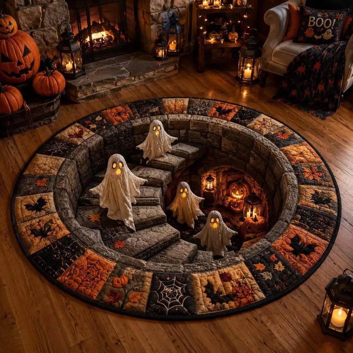 3D Halloween Crystal Velvet round Area Rug, Multiple Spooky Designs, Optical Illusion Rug for Living Room, Haunted House and Halloween Party Decor