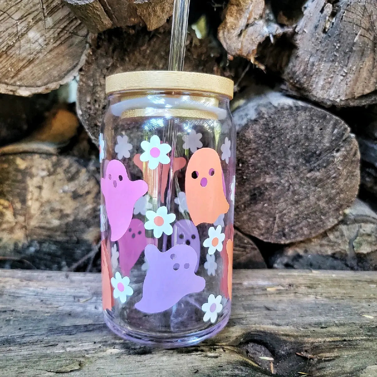 Retro Ghost Glass Tumbler, Halloween Ghost Cup, Retro Floral Ghost, Ghost and Flowers Pastel Cup, Halloween Iced Coffee Cup