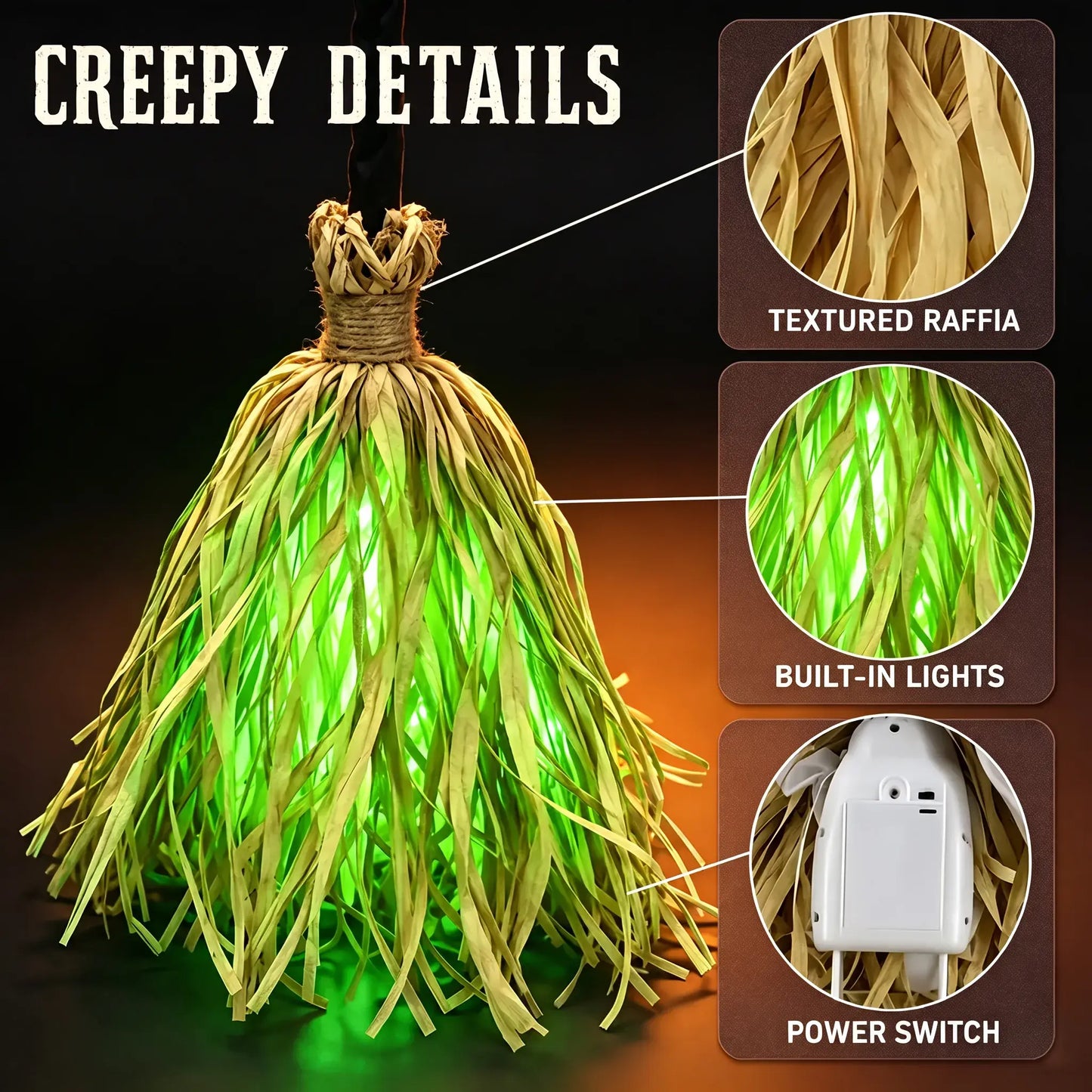 【Summerween】Led Glowing Motion-Activated Musical Raffia Witch Broom Decor, Indoor-Outdoor Halloween Party Ornament, Festive Holiday Home Supplies Gift