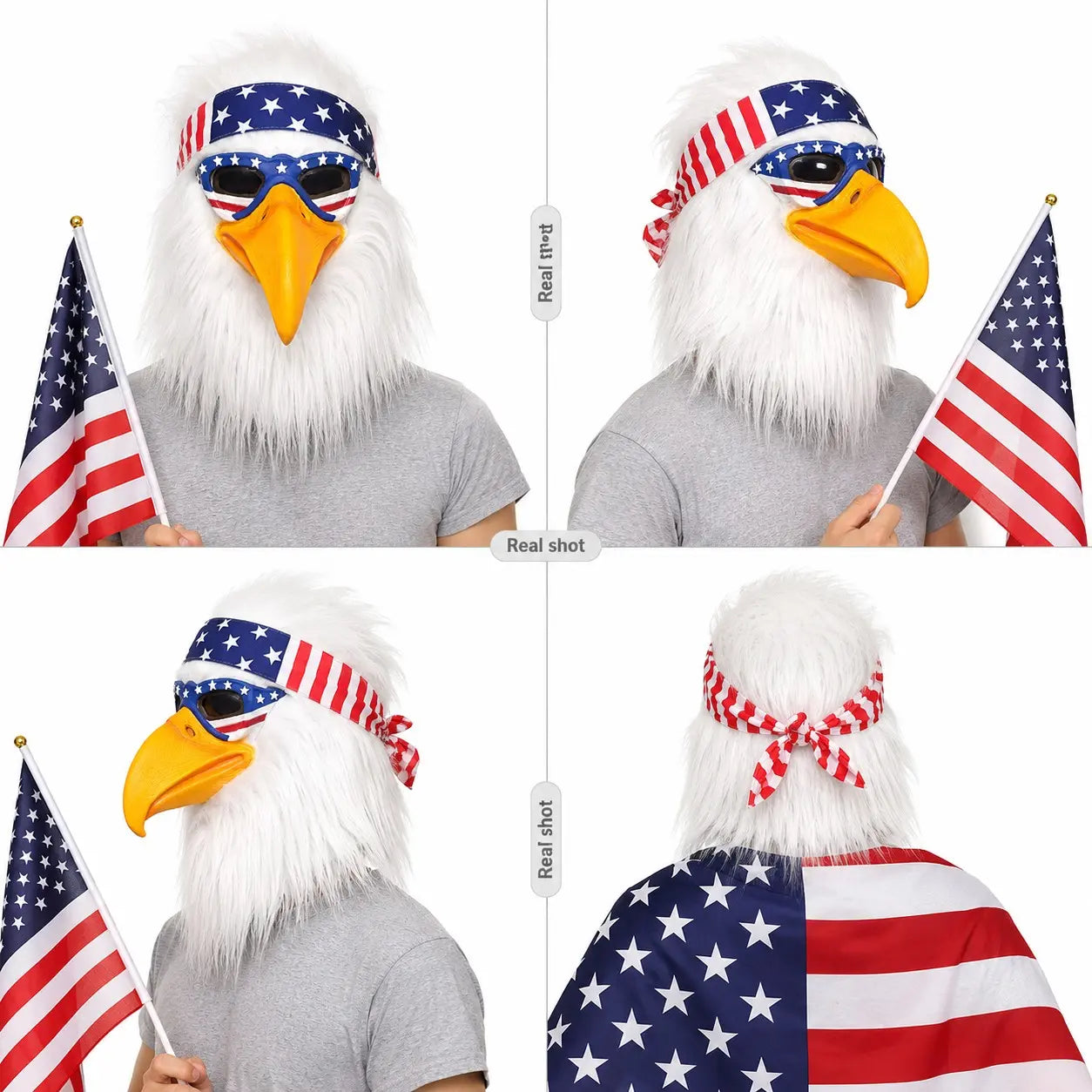 USA Patriotic Bald Eagle Latex Head Mask with Flag Bandana & Fluffy Hair, Adult Cosplay Costume Mask for Patriotic Occasions Halloween Carnival Masquerade Animal Mask
