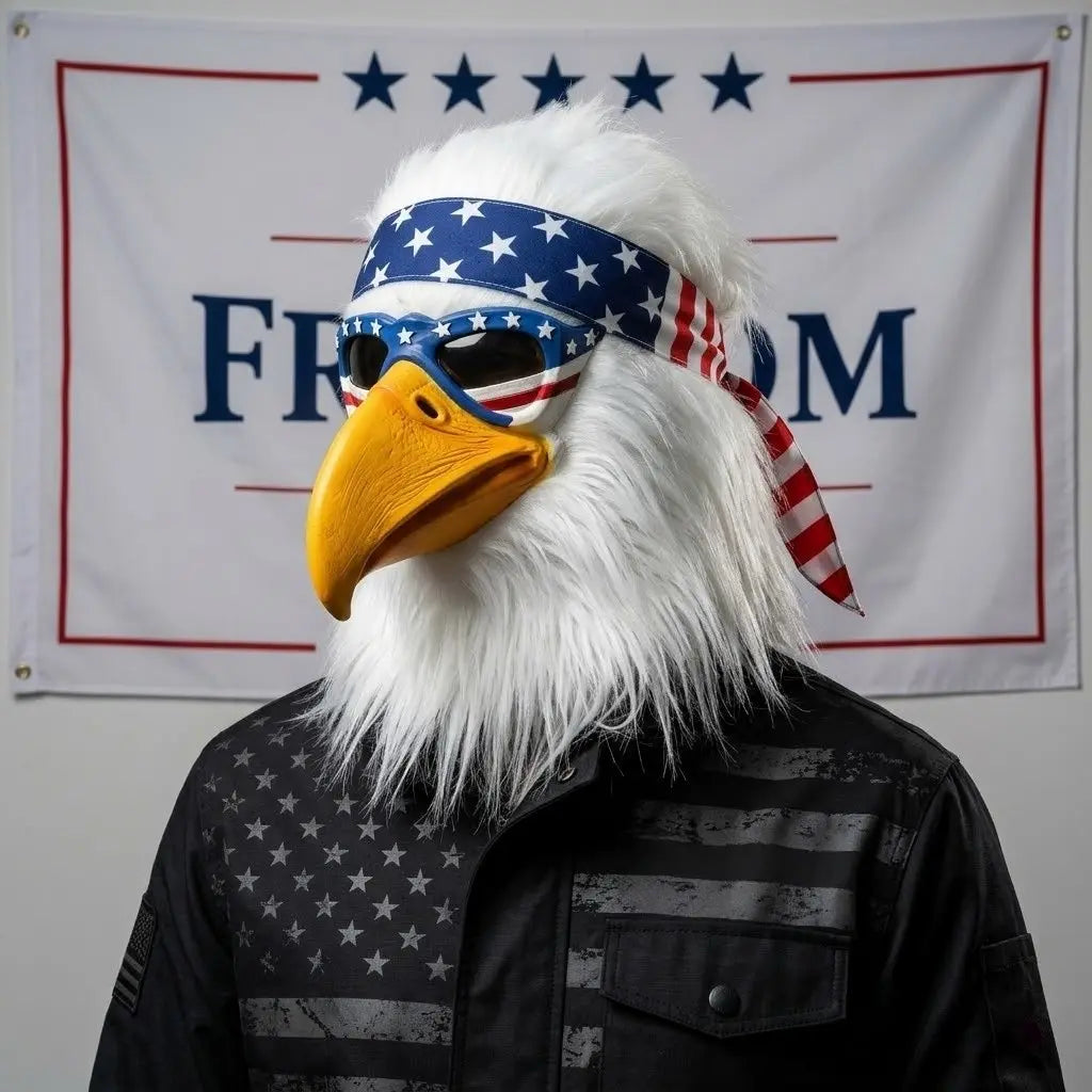 USA Patriotic Bald Eagle Latex Head Mask with Flag Bandana & Fluffy Hair, Adult Cosplay Costume Mask for Patriotic Occasions Halloween Carnival Masquerade Animal Mask