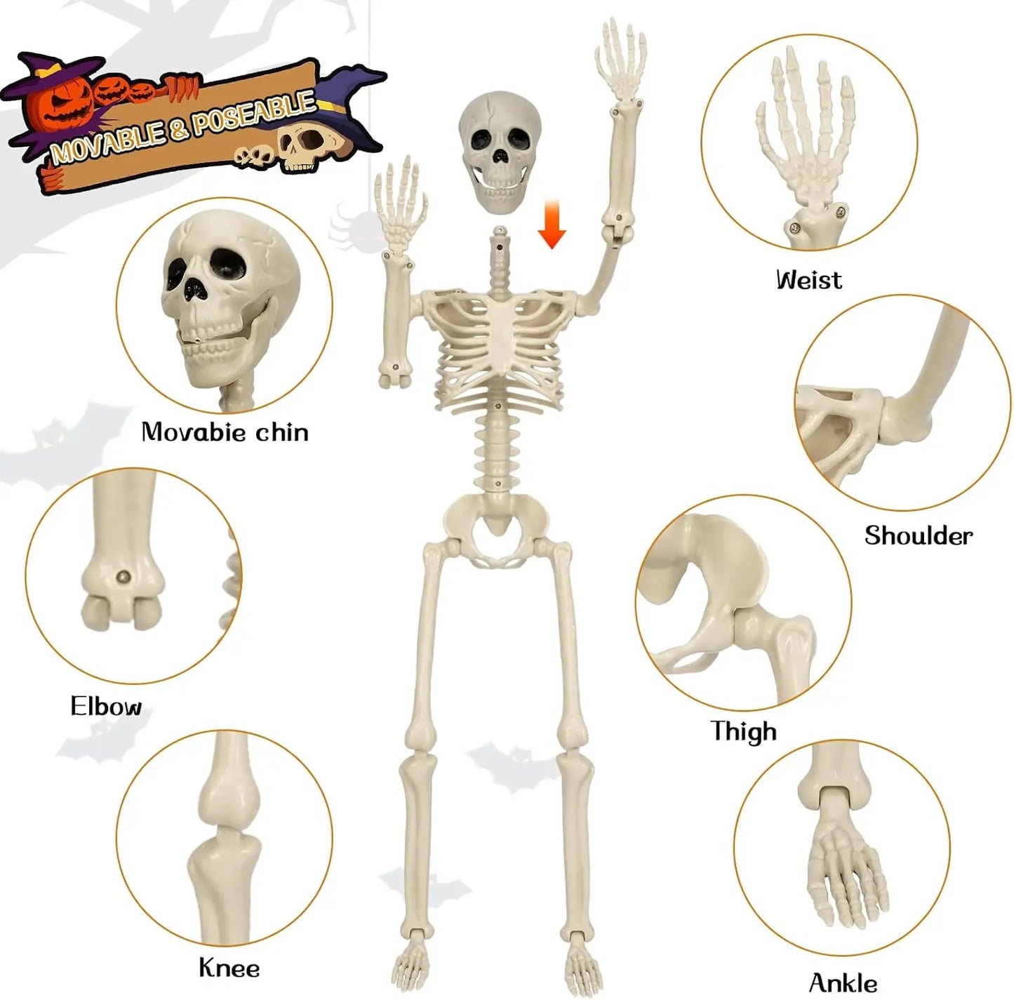 35" Posable Halloween Skeleton, Full Body Joints Plastic Skeleton with Movable/Posable Joints,Perfect for Halloween Haunted House Props Decorations Outdoor