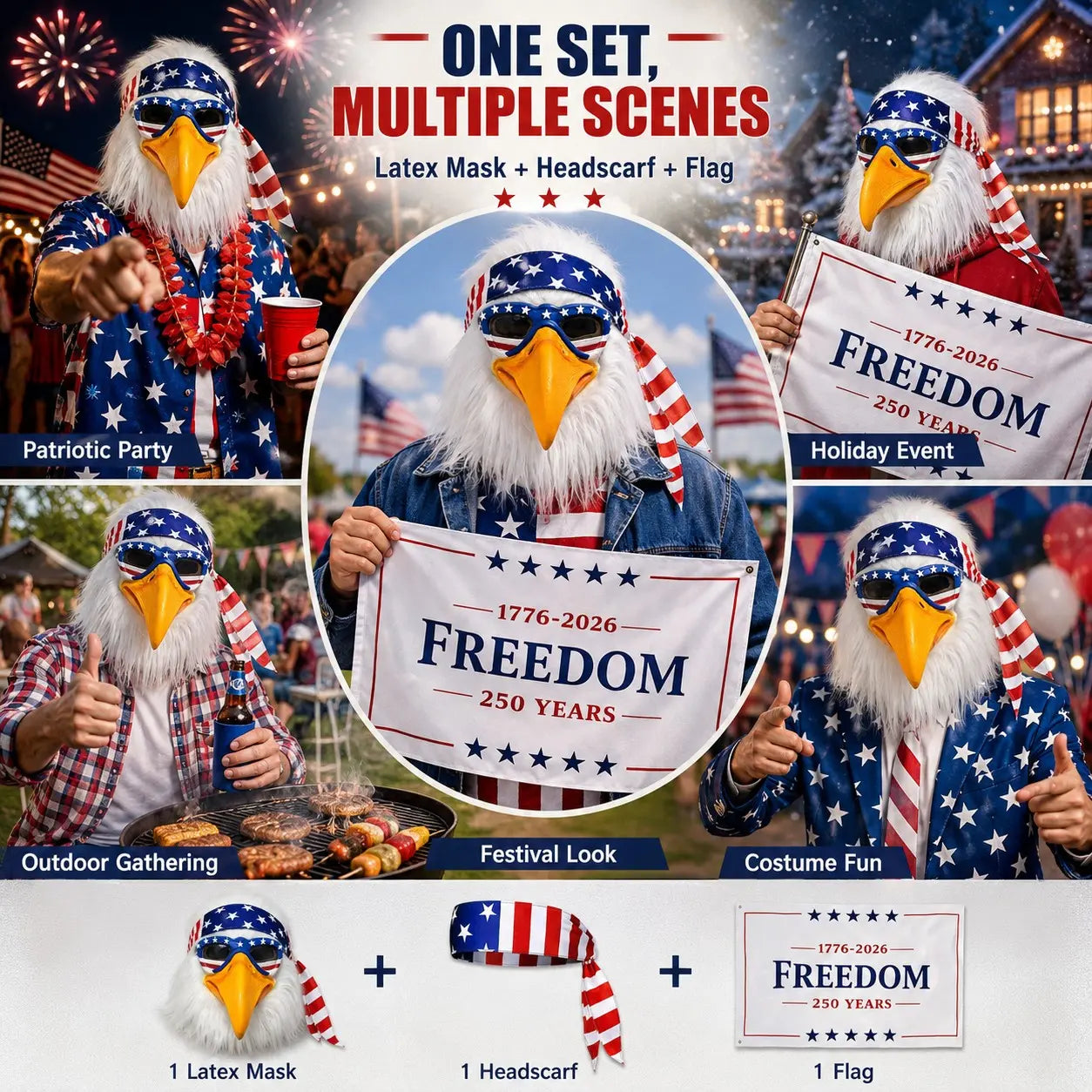 USA Patriotic Bald Eagle Latex Head Mask with Flag Bandana & Fluffy Hair, Adult Cosplay Costume Mask for Patriotic Occasions Halloween Carnival Masquerade Animal Mask