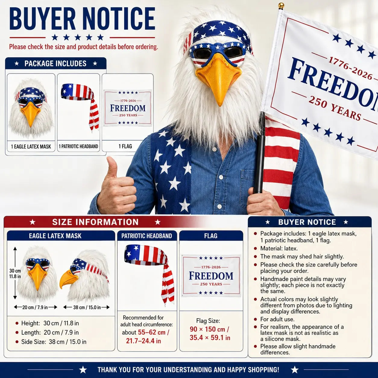 USA Patriotic Bald Eagle Latex Head Mask with Flag Bandana & Fluffy Hair, Adult Cosplay Costume Mask for Patriotic Occasions Halloween Carnival Masquerade Animal Mask