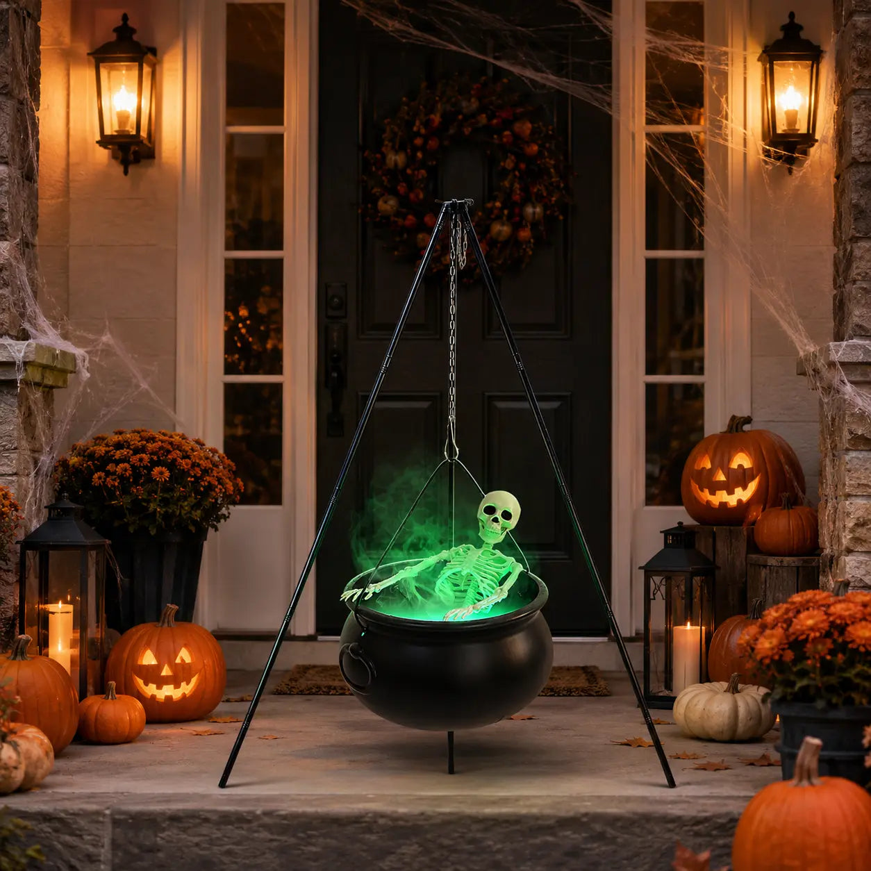 Halloween Decorations outside - Large Witches Cauldron on Tripod with Skeleton & Fog Maker - Skeleton Halloween Party Decor for Outdoor Yard Home Porch