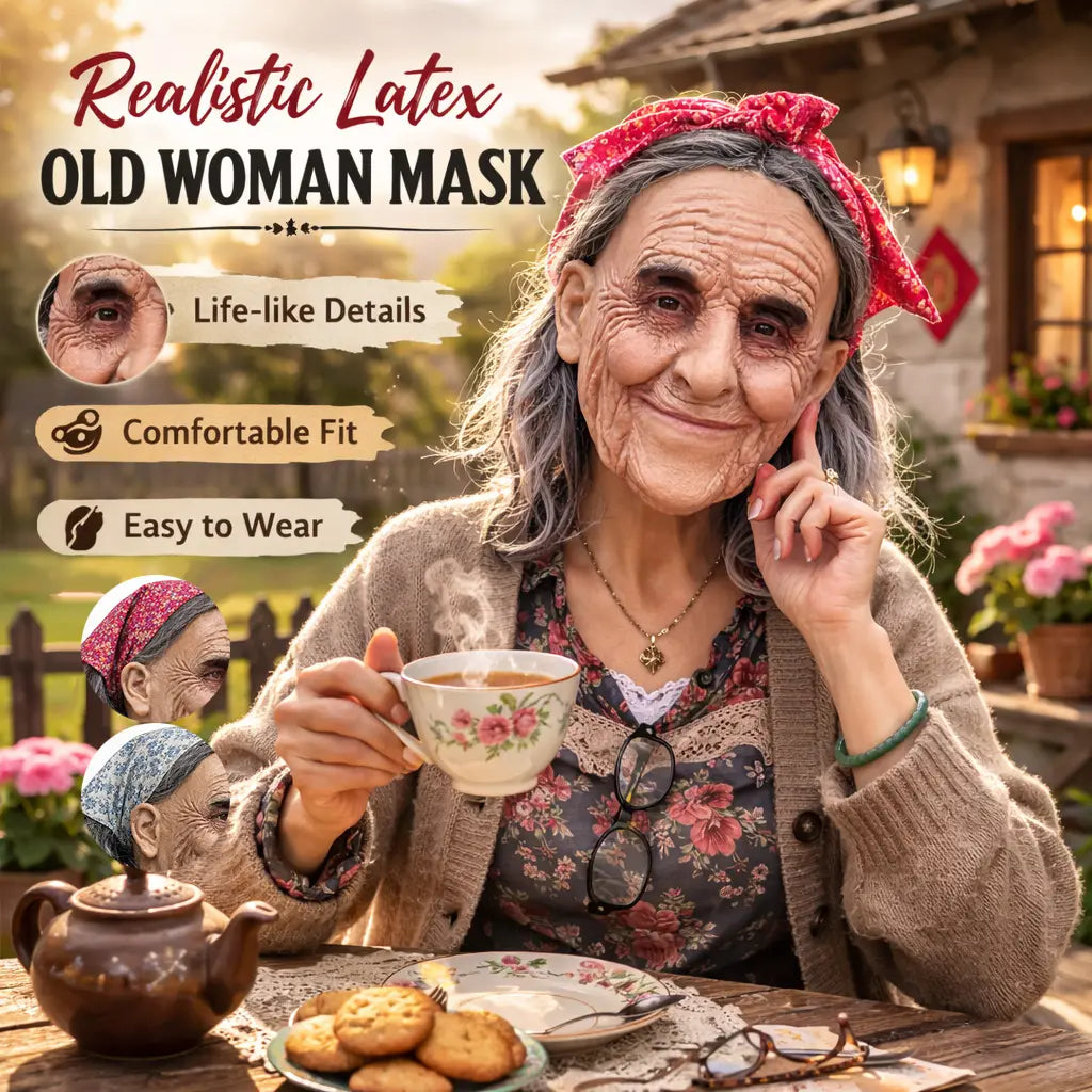 PATYGR Halloween Granny Costume Mask - Funny Old Lady Latex Mask with Floral Bandana, Realistic Elderly Female Face Mask for Masquerade Carnival Dress up Party Helmet Props
