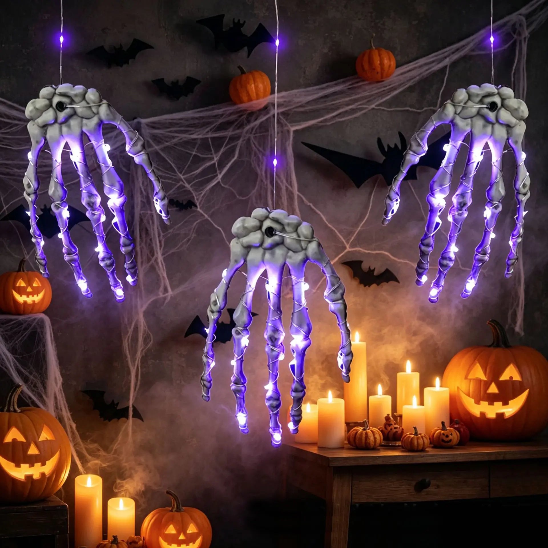 Halloween LED Skeleton Hand Decor Light, Purple Claw Copper Wire String Lights, Hanging Spooky Atmosphere Lamp for Indoor Outdoor Party Decor