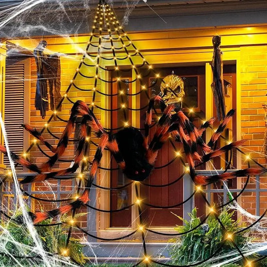 Halloween Decorations 150LED 23Ft Triangular Spider Web with 60'' Black Orange Giant Spider for Outdoor Home Yard Balcony