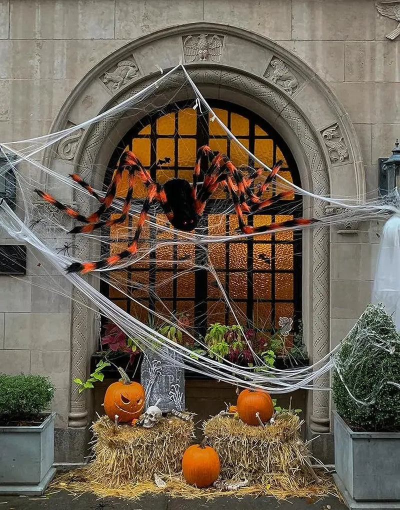 Halloween Decorations 150LED 23Ft Triangular Spider Web with 60'' Black Orange Giant Spider for Outdoor Home Yard Balcony