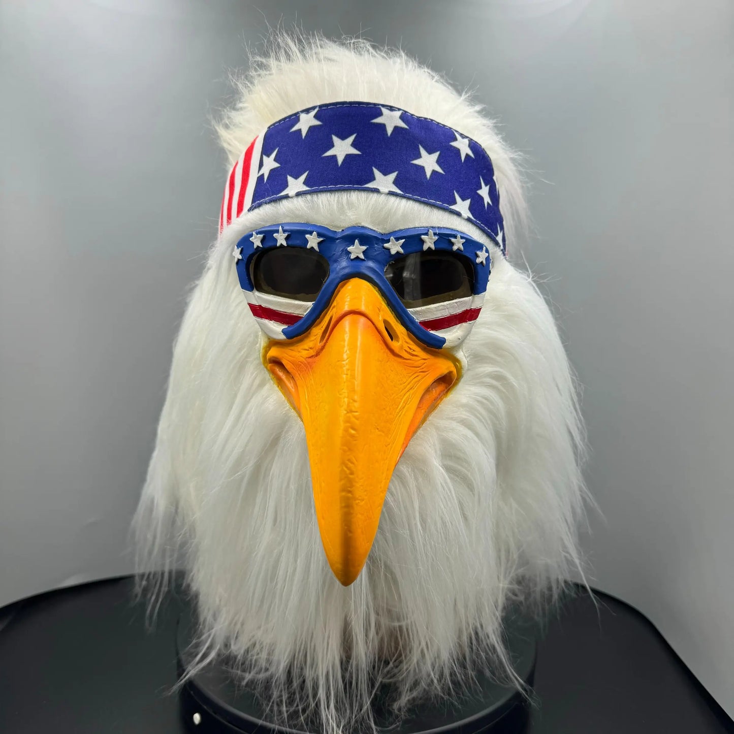 USA Patriotic Bald Eagle Latex Head Mask with Flag Bandana & Fluffy Hair, Adult Cosplay Costume Mask for Patriotic Occasions Halloween Carnival Masquerade Animal Mask