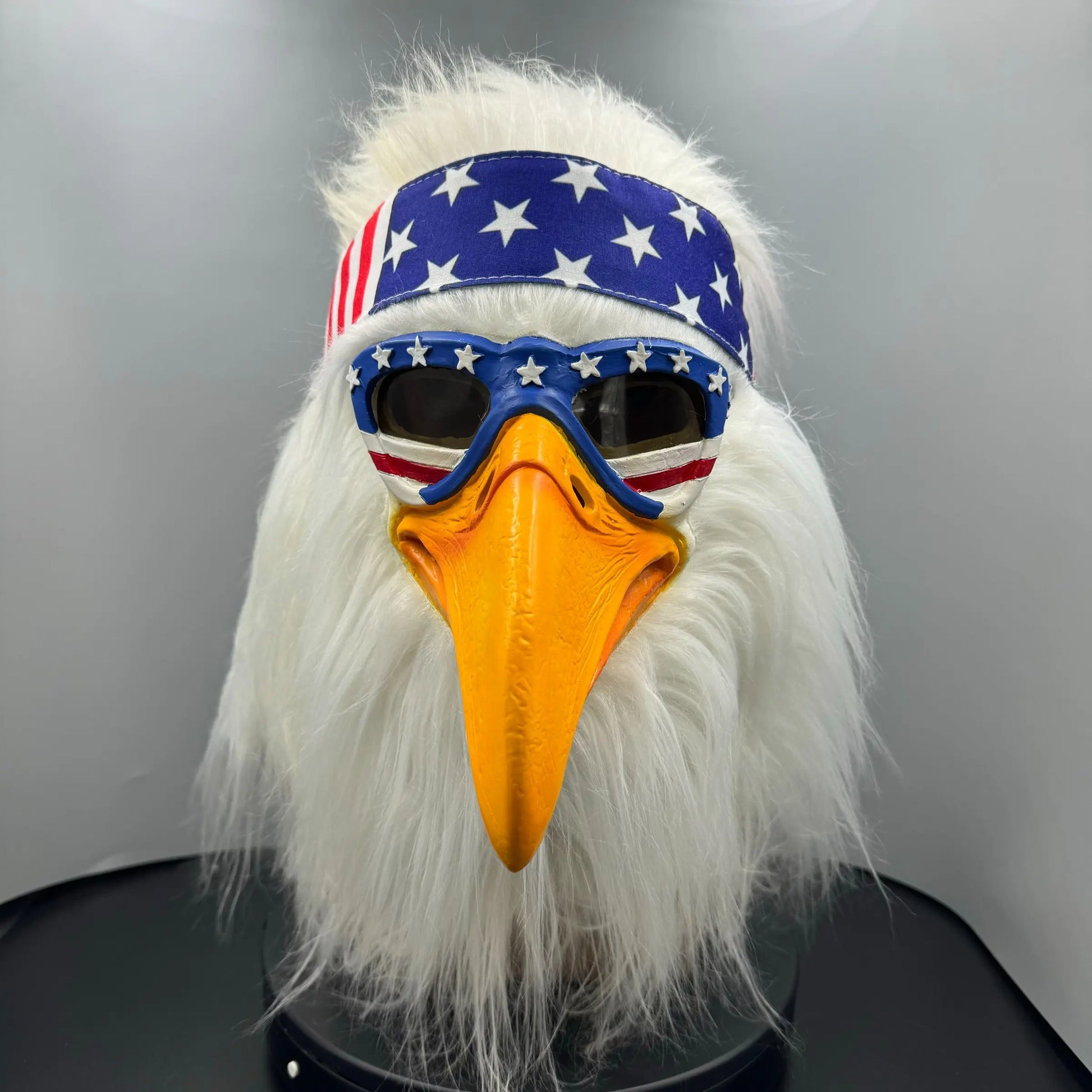 USA Patriotic Bald Eagle Latex Head Mask with Flag Bandana & Fluffy Hair, Adult Cosplay Costume Mask for Patriotic Occasions Halloween Carnival Masquerade Animal Mask