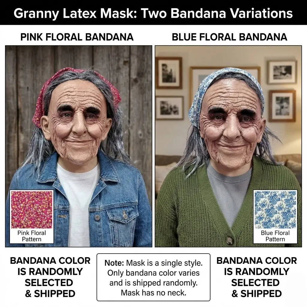 PATYGR Halloween Granny Costume Mask - Funny Old Lady Latex Mask with Floral Bandana, Realistic Elderly Female Face Mask for Masquerade Carnival Dress up Party Helmet Props
