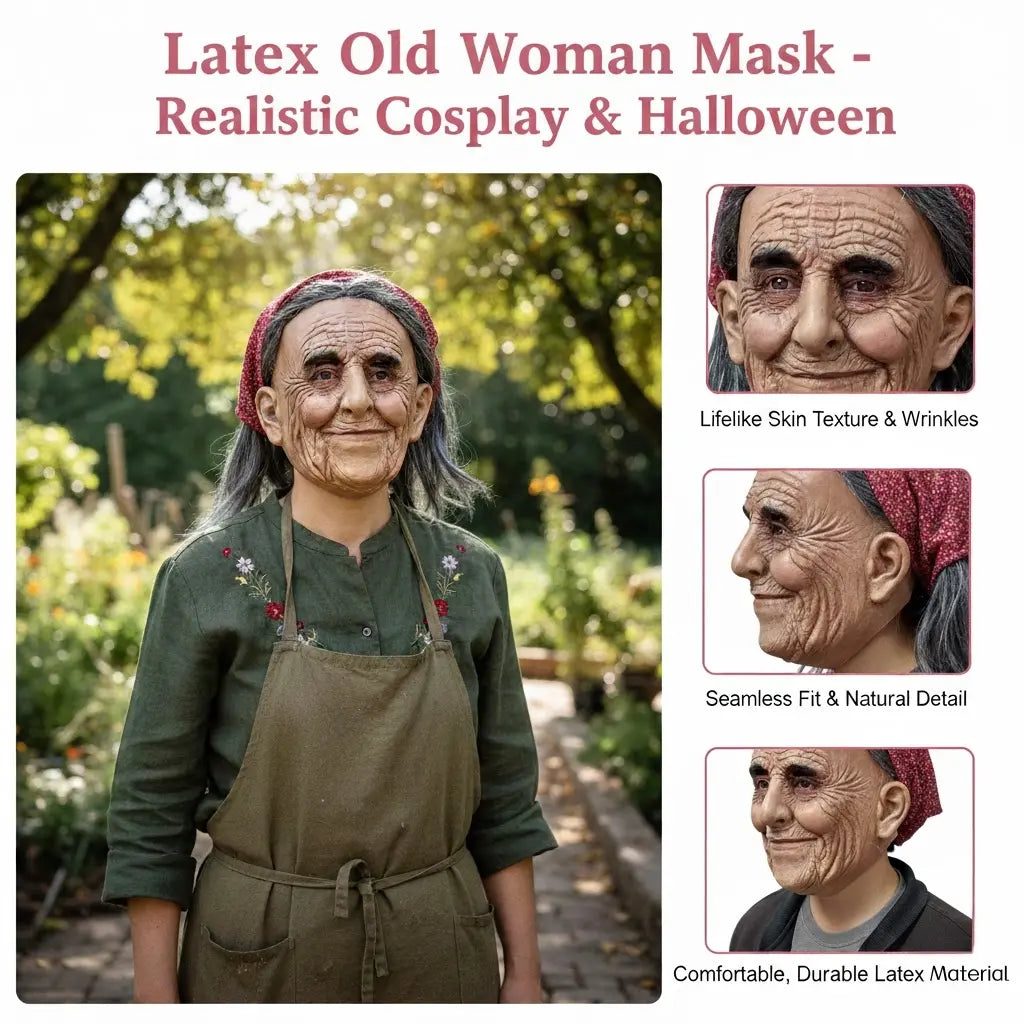 PATYGR Halloween Granny Costume Mask - Funny Old Lady Latex Mask with Floral Bandana, Realistic Elderly Female Face Mask for Masquerade Carnival Dress up Party Helmet Props