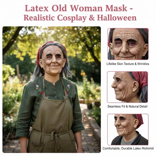 PATYGR Halloween Granny Costume Mask - Funny Old Lady Latex Mask with Floral Bandana, Realistic Elderly Female Face Mask for Masquerade Carnival Dress up Party Helmet Props