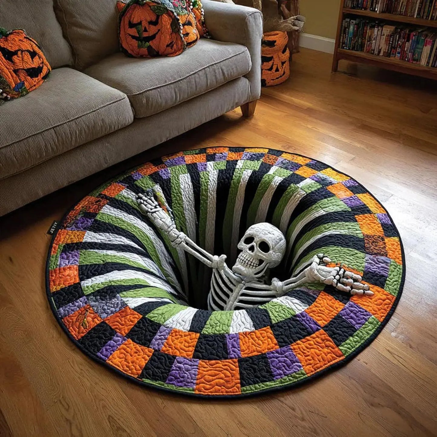 3D Halloween Crystal Velvet round Area Rug, Multiple Spooky Designs, Optical Illusion Rug for Living Room, Haunted House and Halloween Party Decor