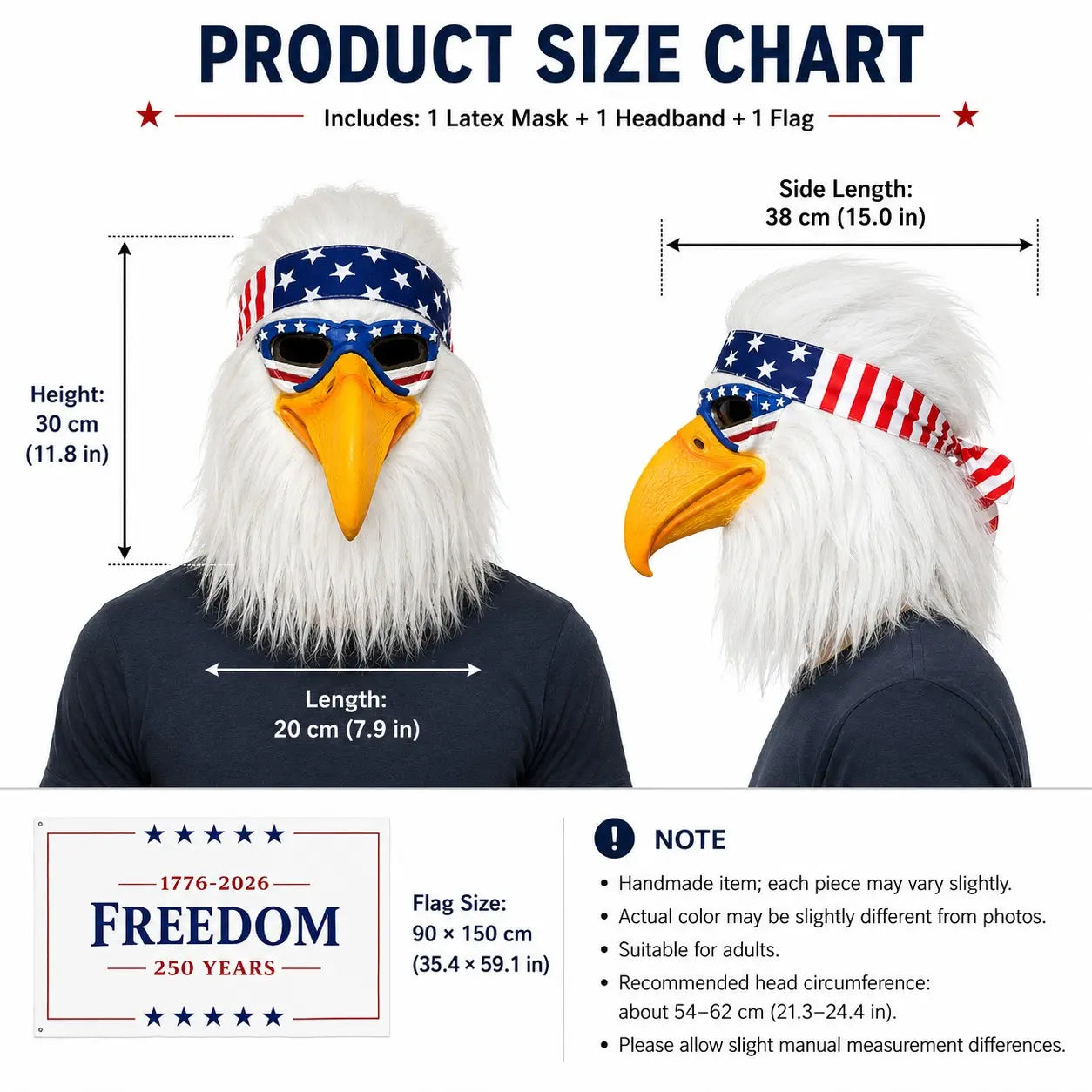 USA Patriotic Bald Eagle Latex Head Mask with Flag Bandana & Fluffy Hair, Adult Cosplay Costume Mask for Patriotic Occasions Halloween Carnival Masquerade Animal Mask